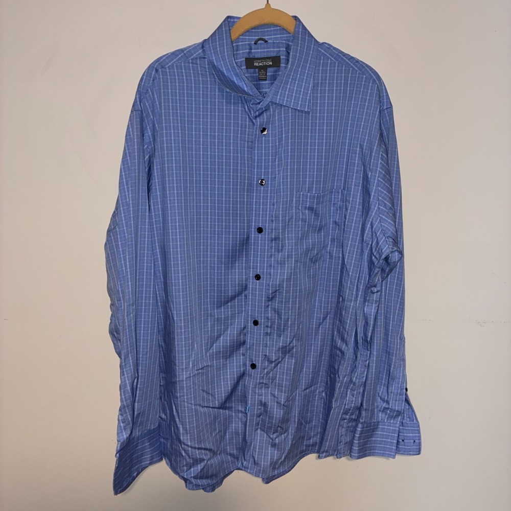 Kenneth Cole Reaction Dress Shirt Mens XL 17-17.5 Blue Plaid Regular Fit